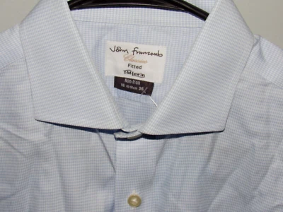 JOHN FRANCOMB Fitted T M Lewin Shirt 16-36 Blue White Check Non Iron French Cuff - Image 1 of 4