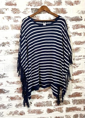 Talbots Poncho Fringe Knit Nautical Navy White Linen Viscose Sz S — 第 1/4 张图片