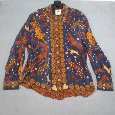 Farm Rio Top Womens Medium Blue Orange Animal Zoo Cheetah Designer Button Up - Image 1 of 4
