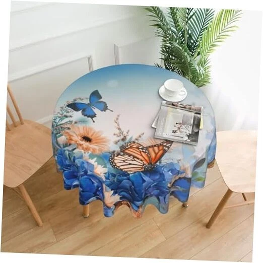 Floral Tablecloth Round 60 Inch Butterfly Flower Butterfly Spring Blue Flowers - Image 1 of 4