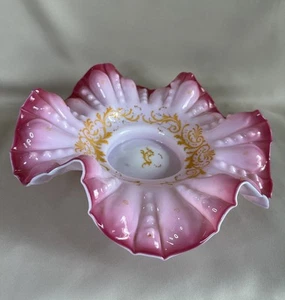 Antique Victorian Pink Cased Glass Bride’s Bowl 11” Crimped Gold Enamel - Picture 1 of 13