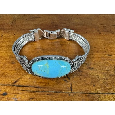 Southwest Sterling Silver Turquoise Marcasite Bold Rope Bracelet Statement - Image 1 of 4