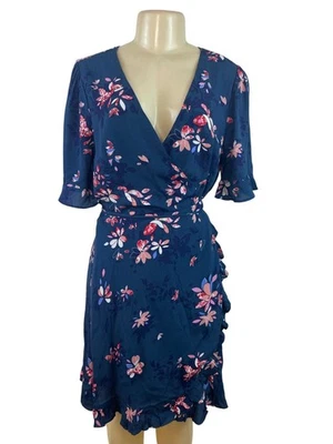 Lulus Blue Floral Wrap Dress With Ruffle Hem & Short Sleeves Size L - Image 1 of 4