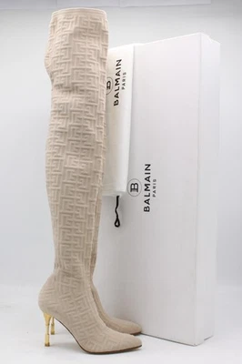 BALMAIN MONETA MESH THIGH BOOTS MONOGRAM WOMENS UK 6 EU 39 BLUSH RRP £1650 AD - Image 1 of 4