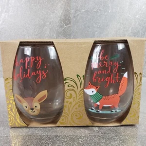 Stemless Wine Glasses 22 oz 2 pc Happy Holidays Merry Bright Tmd Holdings - Picture 1 of 6