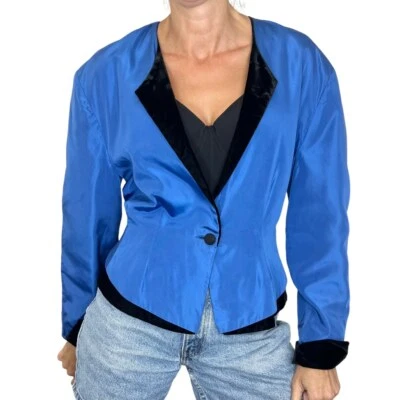 Jaqueta cropped vintage anos 80 Mondi azul royal veludo preto mistura de seda UE 38 - Imagem 1 de 4