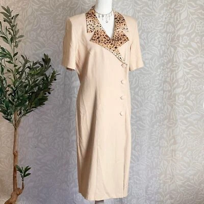复古 80 年代 Bahari Group 米色强力连衣裙豹纹领商务时尚 10 码 — 第 1/4 张图片