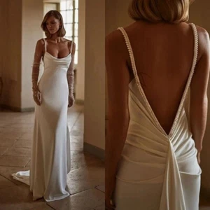 Luxury Pearls Mermaid Wedding Dress Spaghetti Straps Backless Satin Bridal Gowns - Picture 1 of 7