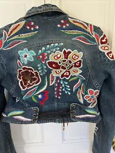 ROBERTO CAVALLI BLUE JEAN JACKET CROPPED EMBROIDERED BEADED SEQUIN SMALL S ITALY - Picture 1 of 13