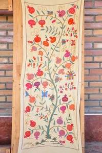 Suzani Table Runner, Uzbek Pomegranate Embroidery, Handmade, Silk/Cotton, Red - Picture 1 of 8