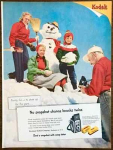 1953 Kodak Cameras PRINT AD No Snapshot Chance Knocks Twice Family Snowman - Picture 1 of 1