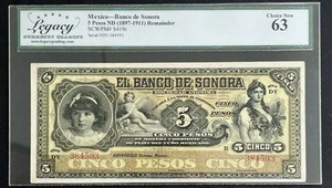 1897-1911 El Banco De Sonora 5 Peso Note Beautiful! FREE SHIPPING!  - Picture 1 of 2