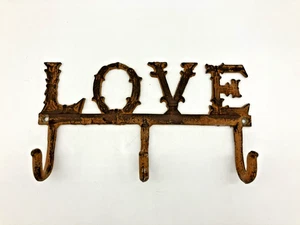 Rustic Distressed LOVE Metal Wall Hanger with 3 Hooks - Picture 1 of 5