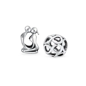 Set of 2 Couples Kissing Lovers & Valentine Heart Knot Spacer Charm Bead Silver - Picture 1 of 5