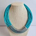 Layered Aqua Seed Bead & Silver Tone Accents Collar Necklace Lobster Claw Clasp