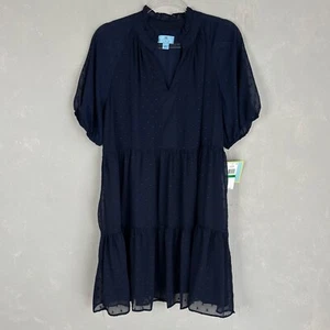 Cece size L babydoll dress short sleeve navy split neck Swiss dot chiffon NEW - Picture 1 of 13