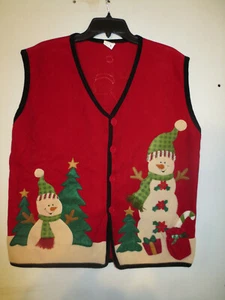 Snowman Holiday Applique Christmas Vest Womens Large Red Festive - Picture 1 of 11