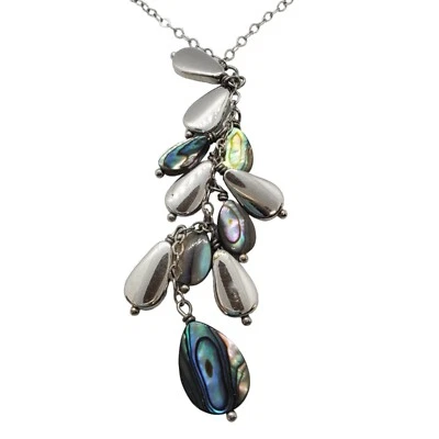 Lia Sophia Lariat Necklace Silver Tone Abalone Teardrop Mother of Pearl 19" - Image 1 of 4