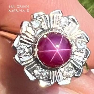 14 Karat Gold Ring roter Stern Rubin mit Diamant Blume Heiligenschein *Video* - Bild 1 von 12