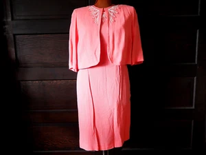 VTG 40s 50s Salmon Pink Art Deco Beaded Cocktail Dress Shrug Bolero 2pc Set Sz L - Picture 1 of 13