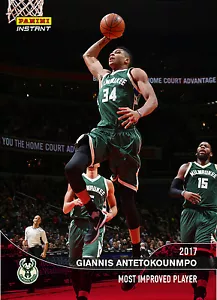Tarjeta instantánea de la NBA Panini 2017 #408 Giannis Antetokounmpo jugador más mejorado - Imagen 1 de 2
