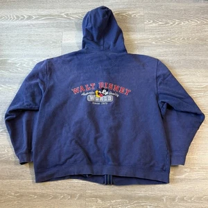 Vintage Walt Disney World Embroidered Full Zip Hoodie Mickey Faded Navy Blue XL - Picture 1 of 7