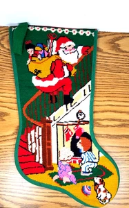 VTG Needlepoint Stocking Santa sliding down a staircase child and dog  fireplace - Picture 1 of 11