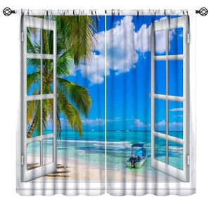 Strandvorhänge, Tropische Meer Palme Landschaft Szene 3D Offen Fenster Druck Stange... - Bild 1 von 7