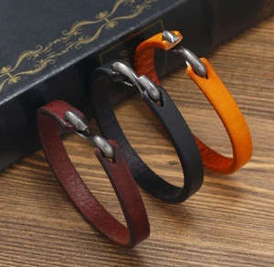 Real Genuine Leather Strip Bracelet Mens Minimalist Wristband Simple Cuff Bangle - Picture 1 of 8