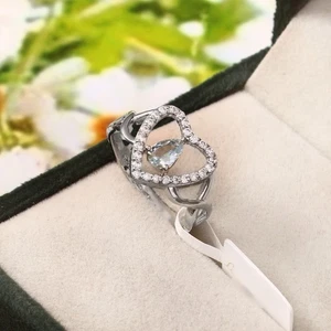 Aquamarine Heart Ring with Diamond Halo – Sterling Silver Romantic Jewelry Gift - Picture 1 of 9