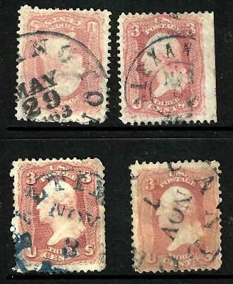 Sc #65 x 4 Shades Town Date Cancels 3 Cent Washington 1861 Civil War US 55F51 - Image 1 of 3