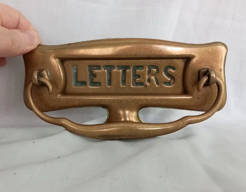 Antique Reclaimed Edwardian Art Nouveau Gold Brass Letter Box & Door Knocker Cover