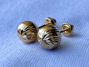 18k solid real gold earrings: Diamond Cut Ball earrings • screw back - Picture 1 of 6