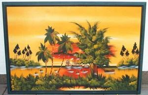 XXL Gemälde (160 x 110 cm) Historische Südsee Landschaft Bucht Boote Palmen - Bild 1 von 3