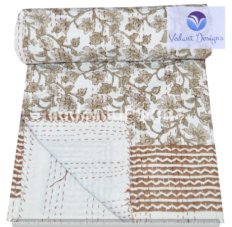 Colcha Kantha reversível indiana branca dupla/única cobertor arremesso arte - Imagem 1 de 4