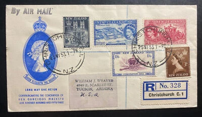 1953 Christchurch New Zealand First Day Cover To USA Queen Elizabeth Coronation - Image 1 of 2