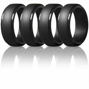 4 Stck. 8 mm Schwarz Silikon Eheringe für Herren Step Edge Gummi Hochzeitsbänder - Bild 1 von 5
