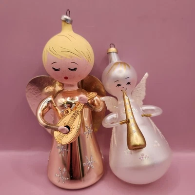 Vintage Set Of 2 De Carlini Blown Glass Handpainted Christmas Angel Ornaments - Image 1 of 4