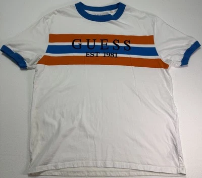VTG 90sStyle Guess Men's Retro Ringer  T-Shirt Orange Blue White Stripe • Medium - Image 1 of 4