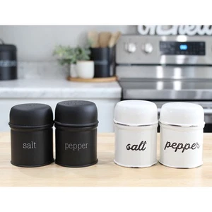 Salt and Pepper Shaker Set; Rustic Farmhouse Retro Vintage Style Enamelware - Picture 1 of 25