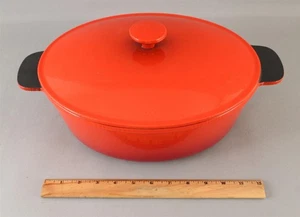 Forno Olandese Ovale Vintage Francese Ghisa Smalto Arancione con Coperchio, NO PREZZO DI RISERVA - Foto 1 di 9
