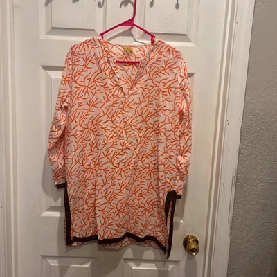 Roberta Roller Rabbit Tunic Top Women's L White Orange Coral Print Cotton - Image 1 of 4