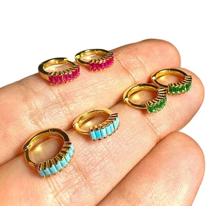 925 Sterling Silver Gold Plated Huggie Hoop Earrings Ruby Emerald Turquoise CZ G - Picture 1 of 11
