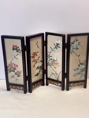 Pantalla Plegable Estilo Oriental 4 Paneles Doble Cara Sobremesa con Paneles de Vidrio Foto 1 de 4
