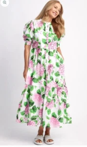 NEW Goondiwindi Cotton pink hydrangea puff sleeve midi dress Women Size 10 BNWT - Picture 1 of 15