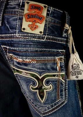 Pantalones de mezclilla para hombre Rock Revival "Cyrek" inserciones de cuero camufladas rectas 34 X 32 $220 Foto 1 de 4