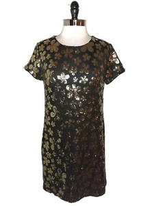 LONDON TIMES Size 10 PETITE Shift Dress Black Gold Floral Sequins Short Sleeve - Picture 1 of 6