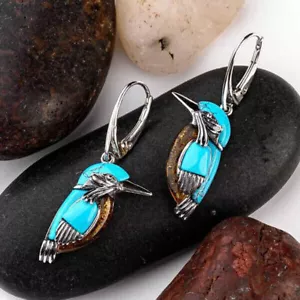925 Silver Vintage Turquoise Women Ear Hook Earrings Wedding Dangle Drop Jewelry - Picture 1 of 9