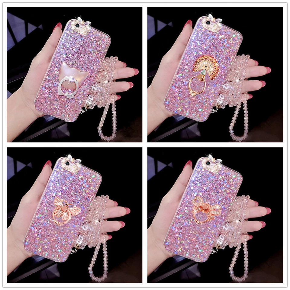 Funda protectora con soporte de anillo de diamantes de imitación brillante para varios teléfonos para mujer Foto 1 de 4