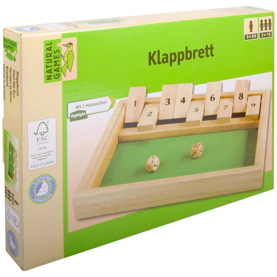 Holz Klappbrett 27x19cm Shut the box Massives Holz mit Filz 100% FSC Würfelspiel - Bild 1 von 1